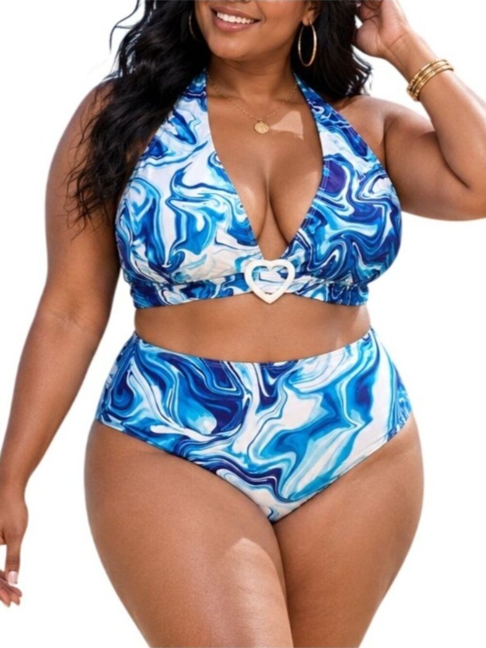 Soly Hux Plus Size 2XL Bikini Halter High-Waisted Swimsuit Blue Marble Print